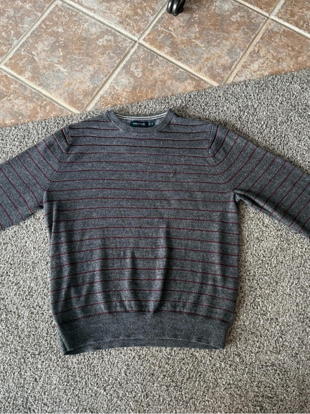 Nautica Men's Gray Crewneck Sweater with Red Stripes